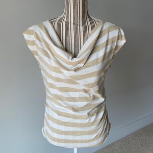 Gold white stripe drape neck short sleeve blouse